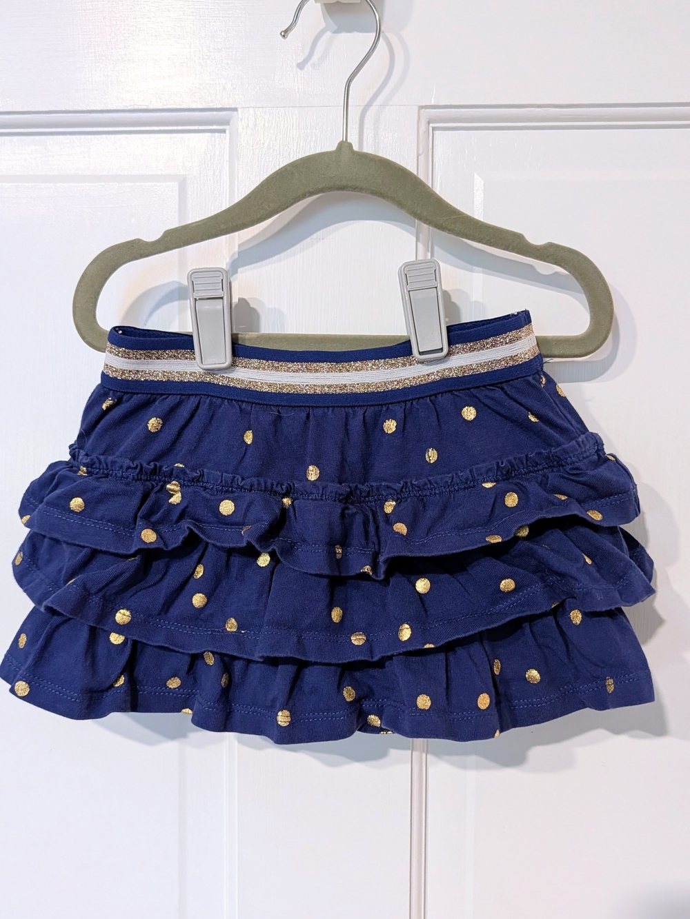 Boden Navy Tiered Skort with Gold Dot Trim and Glitter Waistband